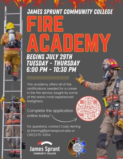 🔥 HOT ANNOUNCEMENT 🔥
Are you ready to become a hometown hero? Save the date for our next Fire Academy starting in July!
July 29th
Tuesday - Thursday
6:00 - 10:30 PM
https://jamessprunt.edu/short-term-courses/application-for-fire-academy/
Come SPARK your future with us at this HOT opportunity!