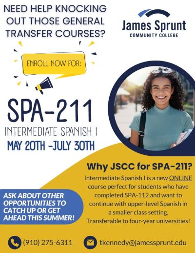 🎉 New Course Alert! 🇪🇸
Looking to take your Spanish skills to the next level? Enroll in Intermediate Spanish I (SPA-211) — a brand-new online course running from May 20th to July 30th!
✅ Perfect for students who’ve completed SPA-112
✅ Continue into upper-level Spanish in a smaller class setting
✅ Fully transferable to most four-year universities
Don’t miss this opportunity to boost your language skills this summer—all from the comfort of home!
📞 For more information, contact Taylor Kennedy at (910) 275-6311.