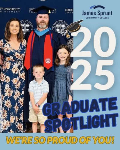 🎓 Graduation Spotlight: John-Mark Fussell 🎓
Meet John-Mark Fussell—a dedicated part-time JSCC student while full-time student at Liberty University, full-time employee, father, and husband—who just graduated from Liberty University with a Bachelor of Science in Law & Policy last week! His dream? To become an attorney.
To save time and money, John-Mark took 6 online courses at JSCC while also studying full-time online at Liberty. Thanks to the Spartan Accelerate Program, he didn’t pay anything out-of-pocket for his JSCC classes—and he saved over $7,500 while fast-tracking his degree! John-Mark focused on courses in Criminal Justice and Sociology at JSCC that would fulfill his free elective requirements for a B.S. in Law & Policy at Liberty University.
How He Got Connected to JSCC:
John-Mark’s journey with JSCC began through a close family friend, Meagan Turner, the Director of Marketing and Recruiting at JSCC. Meagan recognized his academic goals and encouraged him to consider JSCC as a cost-effective path toward completing his bachelor’s degree.
Experience at JSCC and with the transfer process:
John-Mark describes his experience at JSCC as “a great one!” He appreciated the engaged and responsive instructors who provided timely, constructive feedback—something he found rare in many online learning environments. Despite facing a tight deadline at the time of enrollment, John-Mark praised the supportive and accommodating JSCC staff who helped ensure a smooth, stress-free transition into his classes. With support from JSCC staff and faculty, he was able to transfer all of his credits smoothly.
While my future as a student may not be over… my professional career is all the more better having a Bachelor’s Degree posted on it, and I owe a great thanks to the employees and instructors at James Sprunt Community College. – John-Mark Fussell
John-Mark has already received multiple job offers in his field, thanks to Liberty’s Career Services and the academic head start he gained at JSCC. Congratulations, John-Mark! Your journey is an inspiring example of how smart decisions and strong support systems can pave the way to success. 🌟