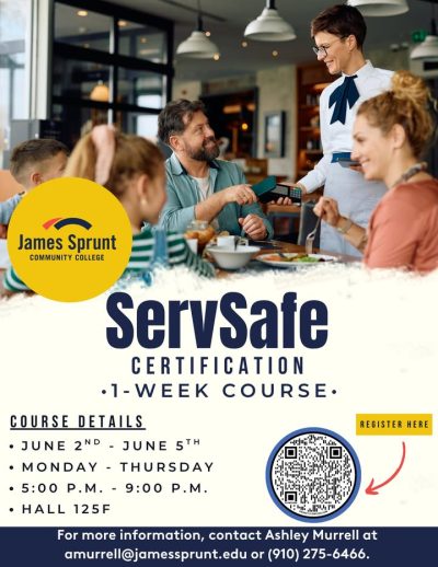 🚨 ServSafe Manager Certification Course! 🍽️
Are you working in the food service industry or looking to advance your career? Don’t miss this opportunity to get certified through the ServSafe Manager Course at James Sprunt Community College!
📅 Date: June 2-5, 2025
🕘 Time: 5:00 PM – 9:00 PM
This 1-week course prepares food service professionals to earn their ServSafe Manager Certification—an industry-recognized credential that demonstrates your knowledge of food safety practices and regulations.
✅ Great for restaurant managers, kitchen supervisors, caterers, and anyone handling food
✅ Taught by certified instructors
✅ Exam and materials included in course fee
💻 Register now and take the next step in your food service career:
👉 https://jamessprunt.edu/short-term-courses/servsafe-manager-june-2025/
📞 Questions? Call us at 910-275-6466