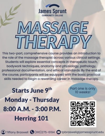 New Massage Therapy Program at James Sprunt! 💆♂️
We’re excited to announce a brand new Continuing Education Program in Massage Therapy starting June 9th at James Sprunt Community College! Whether youre looking to start a rewarding new career or expand your skills, this is the perfect opportunity to begin.
📅 Part 1: June 9 – August 14
🕗 Monday – Thursday | 8:00 A.M. – 3:00 P.M.
📍 JSCC Main Campus, Herring 101
This 10-week course is designed to get you started quickly and confidently in the world of massage therapy.
➡️ Register now: https://jamessprunt.edu/short-term-courses/massage-therapy/
📞 For more info, contact Tiffany Braswell at (910) 275-6194 or tpbraswell@jamessprunt.edu
Start your journey into holistic health today! 🌿