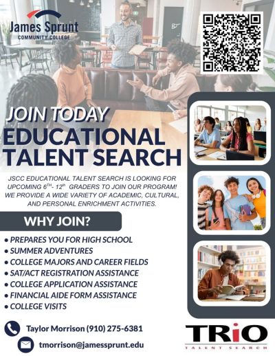 📣 Attention Parents & Students!
Are you an upcoming 6th–12th grader in Duplin County? Get ready to unlock your potential with Educational Talent Search (ETS) at James Sprunt Community College!
🎓 ETS is now accepting new students! This FREE program offers incredible opportunities for academic support, cultural experiences, and personal enrichment to help students prepare for college and beyond.
What Educational Talent Search Offers:
📚Tutoring & academic support
💻College & Career Readiness workshops
🚌Fun educational & cultural field trips
💲Scholarship & financial aid guidance
Personal growth and leadership activities
Summer Enrichment Camps start soon! Don’t miss out on these exciting opportunities to learn, explore, and have fun while preparing for your future.
👉 Download Application Here:
https://jamessprunt.edu/wp-content/uploads/2023/05/New-Talent-Search-Application-2022.pdf
📞 For more information, contact:
Taylor Morrison
📱 (910) 275-6381
📧 tmorrison@jamessprunt.edu