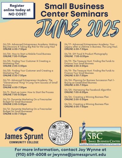 #WestParkWednesday
JUNE SMALL BUSINESS SEMINARS – FREE & OPEN TO THE PUBLIC!
Are you ready to grow your business or finally launch that big idea? Join us this June for a series of FREE Small Business Seminars designed to equip you with the tools, knowledge, and confidence to succeed! 📈
Whether youre just getting started or looking to sharpen your skills, there’s something for everyone!
🗓️ Register today:
👉 https://www.ncsbc.net/center.aspx?center=75270
📞 For more info, contact Joy Wynne at (910) 659-6008 or jwynne@jamessprunt.edu
Let’s build something great together. Don’t miss out!