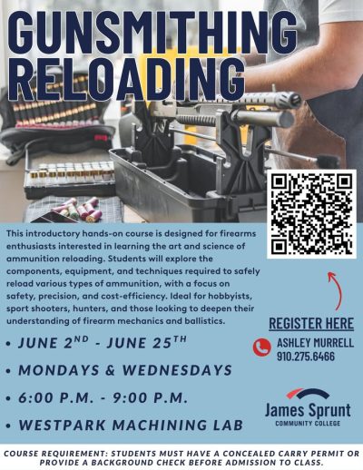 #WestParkWednesday
GUNSMITHING RELOADING COURSE – REGISTER NOW! 💥
Interested in firearms and looking to expand your skills? Join us for our Gunsmithing Reloading Class at James Sprunt Community College!
📅 Dates: June 2 – June 25
🕕 Time: Mondays & Wednesdays, 6:00 P.M. – 9:00 P.M.
📍 Location: WestPark Machining Lab
Learn the fundamentals of ammunition reloading in a hands-on setting with experienced instructors. Whether youre a hobbyist or looking to deepen your gunsmithing knowledge, this class is perfect for you!
🎯 Register here:
👉 https://jamessprunt.edu/short-term-courses/gunsmithing-reloading/
📞 For more info, contact Ashley Murrell at (910) 275-6466 or amurrell@jamessprunt.edu
Seats are limited—lock in your spot today!