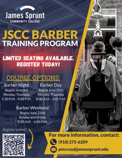 Barber Training Program still has seats available!
Check out our CUTTING EDGE program at JSCC 😎
https://jamessprunt.edu/workforce_category/barber-and-cosmetology/