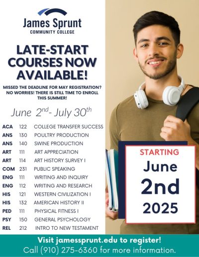 Last chance to jump into summer semester! ☀️
Still thinking about taking a class this summer? Good news—late-start summer classes at JSCC begin June 2nd and run through July 30th! 🎓
Whether youre looking to catch up, get ahead, or explore something new, theres still time to register. Let us help you stay on track or start fresh!
📍 Visit jamessprunt.edu
📞 Call us at (910) 275-6334 for more info or help with registration.
Let’s make this summer count! 💪