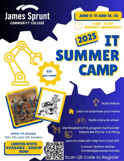 SUMMER CAMP ALERT 🚨
Build robots, automate your home, code with ChatGPT, and even program a robot dog?! 🦾🐶
JSCC 2025 IT Summer Camp is THE place to be this June! We have two dates to choose from, or you can do both!
📅 June 9–11 & 16–18
🕗 8AM–12PM
💲Only $25/week
Open to rising 10th–12th graders – LIMITED SPOTS AVAILABLE!
Dont miss out on this hands-on, high-tech adventure! 🚀
📲 Scan the QR code to register, click the link below, or email nmckee@jamessprunt.edu today!
https://shorturl.at/oSnN6